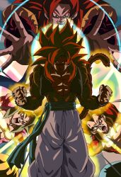Rule 34 | abs, big bang kamehameha, black hair, blue eyes, blue sash, body fur, dougi, dragon ball, dragon ball gt, fusion dance, gogeta, highres, incoming attack, kamehameha (dragon ball), long hair, looking at viewer, male focus, metamoran vest, monkey boy, monkey tail, multiple boys, muscular, muscular male, no nipples, pants, pectorals, powering up, red fur, red hair, saiyan, sash, son goku, spiked hair, super saiyan, super saiyan 4, tail, taso art 1123, vegeta, white pants, yellow pants