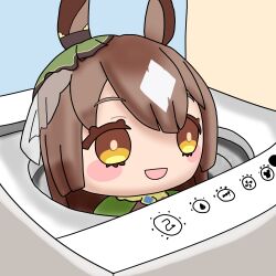 brown_hair character_doll commentary doll doqute_stuffed_doll highres no_humans object_focus satono_diamond_(umamusume) smile tagme umamusume usagi_saltduke washing_machine