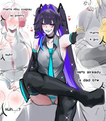 1girl 2boys ? absurdres anger_vein bare_shoulders black_hair black_thighhighs blonde_hair blush breasts character_request cosplay detached_sleeves english_text hatsune_miku hatsune_miku_(cosplay) highres kasane_teto kurenaiz_(kuayrenaiz) large_breasts light_blush lipstick looking_to_the_side makeup multicolored_hair multiple_boys necktie original panties purple_hair red_hair smile sparkle speech_bubble streaked_hair sweat thighhighs trap underwear vocaloid