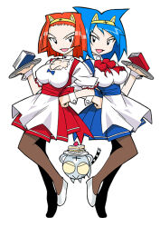 2girls amu_ru animal_ear_hairband animal_ears anna_miller apron aqua_hair back_ribbon benga_ru black_outline black_tail blue_bow blue_ribbon blue_skirt blunt_ends blush book bow breasts brown_hair brown_pantyhose buttoned_cuffs buttons cake cake_slice closed_mouth collar collarbone collared_shirt colored_inner_animal_ears colored_sclera cub detached_collar fake_animal_ears flats food forehead frilled_sleeves frills fruit full_body grey_fur grey_tail hairband hand_on_own_hip heart heart_print high-waist_skirt horizontal-striped_skirt large_bow large_breasts legs_up looking_at_viewer medium_hair miniskirt mukku_(mook-tv) multiple_girls no_pupils official_art open_mouth orange_hair outline pantyhose parted_hair plate pleated_skirt print_collar puffy_short_sleeves puffy_sleeves red_bow red_ribbon red_skirt red_trim ribbon second-party_source shiro_kotora shirt shirt_bow short_sleeves siblings side-by-side simple_background single_horizontal_stripe sisters skirt spiked_hair straight_hair strawberry striped_fur striped_tail suspender_skirt suspenders tail tiger tora_da_yo. toranoana tsurime underbust waitress white_apron white_background white_collar white_footwear white_shirt white_stripes white_wrist_cuffs wrist_cuffs yellow_hairband yellow_sclera