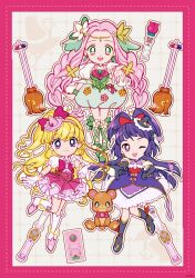 Rule 34 | 3girls, ankle bow, ankle ribbon, anklet, asahina mirai, ascot, back bow, bag bow, bare shoulders, black gloves, black hat, black shoes, black socks, blonde hair, blunt bangs, blunt ends, border, bow, bow button, bowtie, bracelet, braid, bright pupils, brooch, broom, bubble skirt, butterfly hair ornament, choker, circlet, closed mouth, collared shirt, cure felice, cure magical, cure miracle, deformed, dot nose, dotted line, dress, earrings, elbow gloves, eyelashes, floating clothes, floating hair, floral print, flower, flower brooch, flower wand, footwear bow, frilled dress, frilled headwear, frilled skirt, frilled sleeves, frills, full body, gloves, gold bracelet, green bow, green brooch, green choker, green eyes, green ribbon, green shirt, green shoes, green skirt, green wrist cuffs, grey background, grid background, hair bow, hair flower, hair ornament, hairband, hanami kotoha, hand on own hip, happy, hat, hat ornament, heart, heart hat ornament, heart wand, high-waist skirt, high heels, high ponytail, highres, izayoi liko, jewelry, kneehighs, layered dress, leaf earrings, leg ribbon, leg up, long hair, looking at viewer, low twin braids, magical girl, mahou girls precure!, medium dress, mini hat, mini witch hat, miniskirt, mofurun (mahou girls precure!), multiple girls, offering hand, one eye closed, one side up, open mouth, outline, outstretched hand, palms, pink bag, pink border, pink bow, pink bowtie, pink brooch, pink flower, pink hair, pink hairband, pink hat, pink shoes, pink skirt, pleated skirt, pointing, ponytail, precure, puffy short sleeves, puffy sleeves, purple dress, purple eyes, purple hair, red ascot, red bow, ribbon, shawl, shirt, shoes, short ponytail, short sleeves, signature, skirt, sleeveless, sleeveless dress, smile, socks, sphere earrings, split ponytail, standing, star (symbol), star earrings, star hat ornament, star wand, stiletto heels, stuffed animal, stuffed toy, swept bangs, tareme, teddy bear, teeth, tulip, twin braids, two-tone bag, upper teeth only, uwded 207, very long hair, waist bag, wavy hair, white bag, white bow, white flower, white gloves, white outline, white pupils, white shawl, white shirt, white sleeves, white socks, witch hat, wrist cuffs