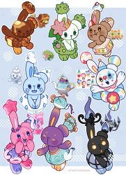 buneary cake chandelure character_request clown dachsbun food fruit fruitcake fusion gen_4_pokemon gen_5_pokemon gen_8_pokemon highres kiwi_(fruit) kiwi_slice legendary_pokemon mythical_pokemon nintendo pierrot pokemon pokemon_(creature) polteageist shaymin shaymin_(land) strawberry strawberry_slice sweets talentlesshuman teapot vanillite