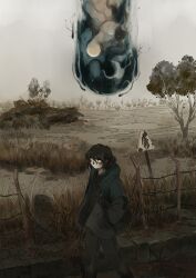1girl :/ backpack bag barbed_wire black_pants black_shirt blue_jacket closed_mouth ephe99261012 falling feet_out_of_frame fence grey_sky hands_in_pockets highres hood hooded_jacket jacket looking_to_the_side medium_hair meteor military_vehicle motor_vehicle muted_color open_clothes open_jacket original painterly pants scenery shirt sign sky solo tank tree vehicle_request walking warning_sign wide_shot wreckage