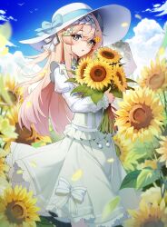 1girl absurdres blonde_hair blue_sky blush bouquet bow cloud dress flower frilled_dress frills gradient_hair green_dress green_eyes hairband hat hat_bow hat_ornament highres holding holding_bouquet holding_flower long_sleeves looking_at_viewer multicolored_hair open_mouth original outdoors pink_hair scenery sky solo sunflower teeth_bro