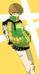 1girl backpack bag bandaid brown_hair glasses henriiku_(ahemaru) highres jacket jersey looking_at_viewer miniskirt persona persona_4 satonaka_chie school_uniform shin_megami_tensei short_hair skirt solo solo_focus tomboy