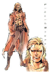 1boy abs blonde_hair boots character_name coat dog_tags gloves liquid_snake male_focus metal_gear_(series) metal_gear_solid mullet official_art open_clothes open_coat shinkawa_youji solo trench_coat white_background