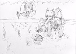 1other 2girls air_bubble amiya_(arknights) arknights bent_over bubble day doctor_(arknights) dragon_girl dragon_tail eastern_dragon_horns farming gloves graphite_(medium) greyscale hair_over_shoulder hiding highres holding holding_plant hood hood_up long_hair looking_at_another low_ponytail mask monochrome multiple_girls outdoors partially_submerged plant ponytail rabbit_girl rice_(plant) rice_paddy rice_planting ripples searching senpuki shorts shouting_with_hands shu_(arknights) small_sweatdrop spoken_character tail traditional_media wading water