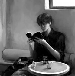 1boy against_wall black_hair black_shirt book collared_shirt cup drinking_glass greyscale highres kim_dokja macaronijail male_focus monochrome omniscient_reader&#039;s_viewpoint open_book reading shirt short_hair sitting solo unworn_clothes upper_body