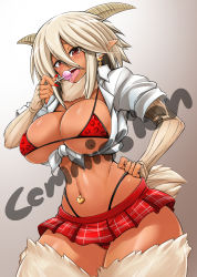 1girl absurdres animal_print breasts collared_shirt dark_skin earrings elbow_gloves fingerless_gloves front-tie_shirt front-tie_top fur fur_collar gloves gyaru hair_between_eyes highres horns jewelry large_breasts leopard_print looking_at_viewer medium_hair monster_girl monster_musume_no_iru_nichijou nail_polish navel_piercing open_mouth panties panty_peek piercing pointy_ears red_eyes red_nails saane_(monster_musume) satyr shirt skirt thong tongue tongue_out underwear virusotaku watermark whale_tail_(clothing)