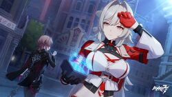 2girls asymmetrical_gloves bandaged_arm bandages black_gloves black_jacket black_pants breasts brown_hair city cleavage cleavage_cutout clothing_cutout earrings erdos_helia erdos_helia_(valkyrie_boltstorm) gloves grey_eyes grey_hair highres holding holographic_interface honkai_(series) honkai_impact_3rd jacket jewelry lantern_(honkai_impact) large_breasts mismatched_gloves mole mole_under_eye multiple_girls official_art outdoors pants purple_gloves red_gloves red_jacket short_hair single_glove
