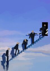 1boy black_necktie black_suit blonde_hair bowing collared_shirt door drop_shadow faceless fake_sky formal_clothes hand_on_wall highres jacket jacket_on_shoulders multiple_views necktie ni_waterhd outstretched_arms reflective_floor shirt stairs suit the_truman_show walking white_shirt