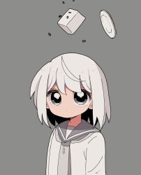1girl bad_id bad_twitter_id closed_mouth expressionless falling food grey_background grey_eyes grey_neckerchief hair_between_eyes highres looking_at_viewer neckerchief nekokawaii_milk original plate sailor_collar school_uniform serafuku shirt short_hair simple_background solo tofu upper_body white_hair white_shirt