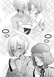 2girls age_difference bare_shoulders blush breasts newsboy_cap carrying cleavage closed_eyes closed_mouth collarbone commentary dark-skinned_female dark_skin dress ebizuka_tomo elbow_gloves fang female_focus girls_band_cry gloves greyscale hair_between_eyes hat highres jacket long_hair_between_eyes lwmina70119 mole mole_under_eye monochrome multiple_girls neck_ribbon open_clothes open_jacket open_mouth praying princess_carry ribbon rupa_(girls_band_cry) shared_thought_bubble short_hair skin_fang speech_bubble strapless strapless_dress sweater thought_bubble wedding_dress wife_and_wife yuri