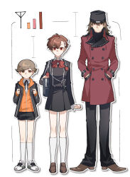 1girl 2boys absurdres amada_ken aragaki_shinjirou bag beanie black_hat black_jacket black_shorts black_skirt bow bowtie brown_hair brown_shoes closed_mouth coat collared_shirt corrupted_twitter_file eca_leaf gekkoukan_high_school_uniform hair_between_eyes hands_in_pockets hat highres hood hood_down jacket long_sleeves multiple_boys open_clothes open_jacket pants persona persona_3 persona_3_portable red_bow red_bowtie red_coat red_eyes school_bag school_uniform shiomi_kotone shirt shoes shorts simple_background skirt sneakers socks standing white_background white_shirt white_socks