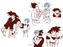 Rule 34 | 1girl, 2boys, artist name, black eyes, black hair, blue eyes, blue hair, boots, breasts, bulma, carrying, caterpillar, collage, couple, dirty, dirty clothes, dirty face, dougi, dragon ball, eating, food, food on face, hands on own hips, heart, highres, holding, holding food, hug, husband and wife, injury, jewelry, looking at another, multiple boys, multiple views, muscular, muscular male, open mouth, pants, shirt, short hair, simple background, smile, son goku, spiked hair, spot color, torn clothes, user jkuy7848, vegeta, white background, wristband