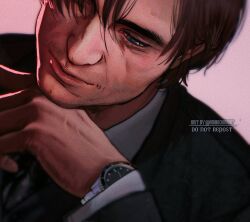 1boy artist_name batman batman_(series) black_necktie blue_eyes brown_hair bruce_wayne clock commentary_request copyright_request dc_comics formal_clothes hand_on_own_hip highres male_focus necktie simple_background smile suit umikochannart