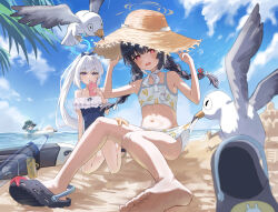 3girls bare_arms bare_legs bare_shoulders barefoot beach bikini bird black_hair blue_archive blue_bow blue_halo blue_one-piece_swimsuit blurry bow braid bright_pupils casual_one-piece_swimsuit cellphone commentary day depth_of_field feet flat_chest foreshortening frilled_one-piece_swimsuit frills full_body ginichu1003 grey_halo hair_bow hair_intakes halo hand_on_headwear hands_up hat highres holding holding_phone kneeling long_hair miyako_(blue_archive) miyako_(swimsuit)_(blue_archive) miyu_(blue_archive) miyu_(swimsuit)_(blue_archive) multiple_girls navel ocean official_alternate_costume one-piece_swimsuit outdoors palm_leaf phone ponytail purple_eyes rabbit_platoon_(blue_archive) red_eyes saki_(blue_archive) saki_(swimsuit)_(blue_archive) seagull sidelocks sitting smartphone soles straw_hat swim_ring swimsuit tearing_up tears thighs toes twin_braids two-tone_one-piece_swimsuit very_long_hair white_bikini white_bird white_hair white_pupils