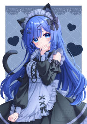 Rule 34 | 1girl, animal ears, apron, bare shoulders, black bow, black dress, blue apron, blue eyes, blue hair, blush, bow, breasts, cat ears, cat tail, covering own mouth, detached sleeves, dress, hair ornament, hairclip, heart, highres, large breasts, long hair, long sleeves, looking at viewer, maid, maid headdress, original, solo, spoken heart, stardrop, tail, x hair ornament