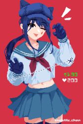 1girl animal_ear_headwear animal_ears artist_name black_eyes blue_gloves blue_hair blue_hat blue_sailor_collar blue_skirt breasts newsboy_cap clothes_lift commentary cool_mita_(miside) cropped_shirt cut-here_line english_commentary fake_animal_ears gloves hand_up hands_up hat highres like_and_retweet long_hair long_sleeves looking_at_viewer low_ponytail miniskirt miside mita_(miside) navel official_alternate_costume omelette_chan one_eye_closed paw_pose pixel_art pleated_skirt ponytail red_background sailor_collar school_uniform serafuku shirt shirt_lift simple_background skirt smile solo tattoo teardrop_facial_mark teardrop_tattoo tongue tongue_out underboob white_shirt