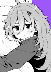 1girl ahoge blush closed_mouth commentary_request greyscale hair_ornament hairclip harumachi_uro hibi_wa_sugiredo_meshi_umashi higa_tsutsuji highres hugging_doll hugging_object jacket long_hair looking_at_viewer monochrome purple_background smile solo sparkle stuffed_animal stuffed_sheep stuffed_toy wavy_hair