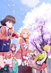 6+girls :o anime_coloring backpack bag black_hair black_shirt blonde_hair blue_bag blue_sweater blurry blurry_foreground bow brown_bag brown_hair cardigan cellphone cherry_blossoms closed_eyes closed_mouth cloud collared_shirt day double_bun dress falling_petals green_bow green_eyes green_socks grey_hair hair_bow hair_bun hair_over_one_eye hair_ribbon hairband hand_in_pocket highres holding holding_bag holding_phone hood hood_down hooded_jacket jacket key_visual kojou_airi komaki_uta konoe_rei kumai_yako layered_sleeves long_hair long_sleeves looking_ahead looking_at_phone looking_up low_twintails mayumori_musubu medium_hair miniskirt miyazaki_uruu multiple_girls neckerchief necktie official_art one_eye_covered open_cardigan open_clothes open_jacket open_mouth outdoors pantyhose parted_lips petals phone pinafore_dress pink_eyes pink_petals power_lines promotional_art purple_hair purple_neckerchief red_necktie ribbon running sailor_collar sailor_shirt school_bag school_uniform serafuku shirt shoes short_dress sidelocks single_sidelock skirt sky sleeveless sleeveless_dress smartphone socks spring_(season) sweater tree twintails unbuttoned utagoe_wa_mille-feuille v-neck white_jacket white_neckerchief white_ribbon white_shirt wireless_earphones yellow_cardigan yellow_eyes