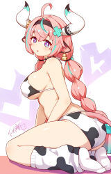1girl animal_ears animal_print aqua_hair bikini braid breasts chinese_commentary commentary_request cow_ears cow_girl cow_horns cow_print cow_print_bikini cow_tail ear_bell from_side full_body genshin_impact highres horns huge_breasts langbazi leg_warmers long_hair looking_at_viewer multicolored_hair no_shoes open_mouth pink_hair print_bikini purple_eyes socks solo streaked_hair swimsuit tail twin_braids varesa_(genshin_impact) very_long_hair white_socks