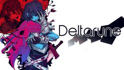 1other alternate_skin_color blue_skin colored_skin dark_persona deltarune derivative_work english_text gauntlets hair_over_eyes hair_over_one_eye hand_on_own_face hen_505 highres kris_(dark_world)_(deltarune) kris_(deltarune) logo persona persona_1 pink_scarf scarf smile solo sword weapon white_background