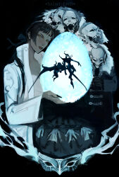Rule 34 | 1girl, 6+others, akuma (d.gray-man), bald, black background, black coat, black gloves, black hair, black nails, black pants, blue ribbon, bluesky username, clone, coat, collared coat, colored skin, corpse, creature, cross, d.gray-man, earrings, egg, facial mark, facing down, facing to the side, fangs, forehead mark, fur-trimmed coat, fur trim, gloves, grey skin, grin, hair over shoulder, hair ribbon, highres, holding, holding egg, hollow eyes, hood, hood down, hooded coat, hoop earrings, horns, jewelry, light smile, long hair, long sleeves, looking at viewer, low ponytail, lulu bell, mask, mature female, monster, multiple others, open clothes, open coat, open mouth, own hands together, pale skin, pants, parted lips, pointy ears, ponytail, red lips, ribbon, saint-end, shirt, sidelocks, signature, silhouette, silver mask, simple background, smile, white coat, white fur, white shirt, wide sleeves, yellow eyes