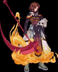 1girl armor brown_hair female_focus fire full_body hiro_(spectral_force) lowres pixel_art pointy_ears red_eyes short_hair solo standing transparent_background