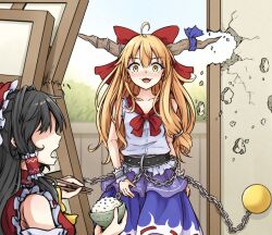 2girls :3 :d ahoge bare_arms bare_shoulders belt black_hair blonde_hair blue_skirt blush bow bowl breaking_through_wall broken_door broken_wall chain chopsticks commentary doorway faceless faceless_female fang food hair_between_eyes hair_bow hair_tubes hakurei_reimu highres holding holding_bowl horn_ornament horn_ribbon horns ibuki_suika indoors japanese_clothes long_hair meme miko multiple_girls neko_mata nokotan_entering_a_classroom_(meme) nose_blush open_mouth parody red_bow ribbon rice rice_bowl scene_reference shikanoko_nokonoko_koshitantan shirt skirt sleeveless sleeveless_shirt smile touhou white_shirt yellow_eyes