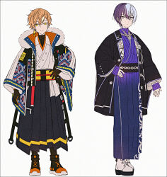 Rule 34 | 2boys, adapted costume, aoyagi touya, black boots, black gloves, black hakama, black jacket, black socks, blue hair, boots, closed mouth, earrings, find a way out (project sekai), gloves, grey background, grey eyes, hair between eyes, hakama, hakama skirt, hakusai (tiahszld), hand on own hip, highres, jacket, japanese clothes, jewelry, kimono, long sleeves, male focus, multicolored hair, multiple boys, obi, open clothes, open jacket, orange hair, project sekai, purple hair, purple kimono, revision, same dreams same colors (project sekai), sash, shinonome akito, shoes, simple background, skirt, sleeves past wrists, smile, socks, standing, streaked hair, two-tone hair, white kimono, white shoes, wide sleeves, yellow eyes