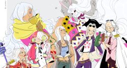 6+girls belt blue_eyes book bottle bow bowtie carrot carrot_(one_piece) cesel charlotte_smoothie commentary crop_top cup dr._kureha english_commentary epaulettes eyewear_on_head gloriosa_(one_piece) hair_over_one_eye hand_on_own_hip highres holding holding_book holding_bottle holding_cup leg_tattoo moon multiple_girls nico_olvia one_piece ponytail purple_eyes short_ponytail size_difference smile sparkle sulong_form tattoo tsuru_(one_piece) twitter_username uta_(one_piece) very_long_sleeves white_hair