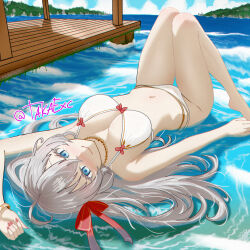 Rule 34 | 1girl, ahoge, alisa mikhailovna kujou, arm at side, arm up, artist name, bikini, blue eyes, blue sky, blush, bow, bow bikini, breasts, choppy bangs, cleavage, closed mouth, cloud, commentary, crossed bangs, day, english commentary, fingernails, floating, full body, grey hair, hair between eyes, hair bow, hair spread out, highres, jewelry, knees up, lake, large breasts, long bangs, long hair, looking at viewer, lying, lying on water, moss, nail polish, navel, necklace, nose blush, outdoors, pearl necklace, pier, red bow, red nails, shade, shadow, sky, smile, solo, stomach, sunlight, swimsuit, takaexc, tokidoki bosotto roshia-go de dereru tonari no alya-san, water, white bikini, wooden floor, wristband