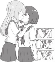 2girls anger_vein blush chibikki closed_eyes commentary grabbing_another&#039;s_breast groping highres kiss long_hair multiple_girls nanako_(chibikki) neckerchief original pleated_skirt sailor_collar saki_(chibikki) school_uniform serafuku short_hair short_sleeves skirt symbol-only_commentary twintails yuri