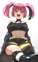 1girl belt black_shirt blush coral_(pokemon) creatures_(company) eyelashes fang game_freak grey_eyes hair_ornament highres hizakake long_sleeves looking_at_viewer navel nintendo off_shoulder open_mouth pink_hair pokemon pokemon_(anime) pokemon_horizons shirt skirt sleeves_past_fingers sleeves_past_wrists smile solo tongue twintails