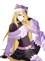 1girl absurdres alternate_costume beanie belt belted_skirt blonde_hair bodystocking breasts canaliya choker commission commissioner_upload covered_navel crop_top elf_(mega_man_zx_prequel) eyelashes frilled_choker frilled_thighhighs frills gloves green_eyes hand_in_own_hair hat highres long_bangs long_hair long_sleeves looking_at_viewer mega_man_(series) mega_man_zx neck_ribbon non-web_source original petite plaid_clothes plaid_skirt pleated_skirt ribbon sidelocks sitting skirt small_breasts striped_clothes striped_thighhighs thighhighs thighs wallet_chain