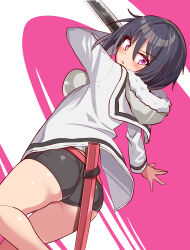 1girl ass black_hair breasts cougar_(cougar1404) from_behind hood hood_down jacket large_breasts looking_at_viewer original purple_eyes reverse_grip sheathe short_hair short_shorts shorts sideboob solo sword weapon