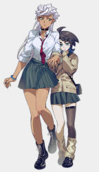2girls absurdres ahoge ankle_boots arm_at_side arm_grab bag bare_legs black_footwear black_hair black_nails blue_eyes blue_hair boots braid breasts cardigan choker closed_mouth collarbone collared_shirt dark-skinned_female dark_skin dress_shirt finger_to_mouth fishnet_legwear fishnets flipped_hair full_body genderswap genderswap_(mtf) gundam gundam_tekketsu_no_orphans hair_ornament hairclip hand_on_another&#039;s_arm hands_up hiding hiding_behind_another highres holding_another&#039;s_arm lace-up_boots leg_warmers loafers long_sleeves looking_at_viewer looking_away mikazuki_augus miniskirt multicolored_hair multiple_girls nail_polish necktie o-ring o-ring_choker orga_itsuka pale_skin pleated_skirt red_necktie school_uniform shirt shoes short_hair shoulder_bag sideways_glance simple_background single_thighhigh skirt sleeves_past_wrists sleeves_rolled_up standing streaked_hair sumooo_(ga_ilil) thighhighs walking white_hair white_shirt x_hair_ornament yellow_eyes yellow_legwear