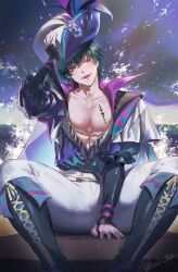 Rule 34 | 1boy, abs, artist name, boots, brant (wuthering waves), cape, commentary, haiki (tegusu), hat, highres, looking at viewer, male focus, muscular, muscular male, ocean, open mouth, pants, pectoral cleavage, pectorals, pirate hat, sitting, smile, tacet mark (wuthering waves), waves, wet, white cape, white pants, wuthering waves