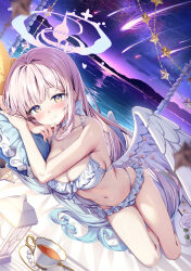 1girl bed bikini blue_archive blue_hair blue_halo blush breasts choker comiket_106 commentary_request curtains feathered_wings flower frilled_bikini frills gradient_hair gradient_halo halo head_on_pillow highres kinokomushi large_breasts looking_at_viewer low_wings lying mika_(blue_archive) mika_(swimsuit)_(blue_archive) multicolored_hair multicolored_halo navel ocean official_alternate_costume on_side pillow pink_hair pink_halo raised_eyebrows rose seashell shell shooting_star sky solo star_(sky) star_(symbol) starry_sky sunset swimsuit tea thong_bikini wet white_bikini white_choker white_flower white_rose wing_ornament wings