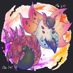 antennae black_eyes bug colored_sclera commentary_request full_body gen_5_pokemon highres looking_at_viewer mipokec nintendo no_humans pokedex_number pokemon pokemon_(creature) pokemon_focus scolipede volcarona white_fur wings yellow_sclera
