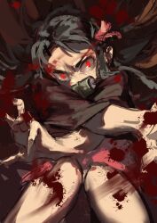 1girl absurdres bamboo bit_gag black_hair black_haori blood blood_on_leg feet_out_of_frame fighting gag glowing glowing_eyes hair_ribbon haori highres japanese_clothes kamado_nezuko kimetsu_no_yaiba kimono long_hair looking_at_viewer motion_blur pink_kimono pink_ribbon red_eyes ribbon solo wb_yimo
