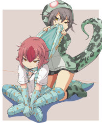 2girls absurdres black_skirt black_socks blue_boots blue_gloves blue_pantyhose blue_skirt blush boots crossed_arms elbow_gloves embarrassed gloves green_boots grey_hair hair_between_eyes hane_(kirschbaum) highres hood hood_up hoodie kemono_friends kneeling long_sleeves multicolored_hair multiple_girls original pantyhose pleated_skirt print_boots print_gloves print_hoodie print_pantyhose red_hair reptile_girl shirt short_sleeves sidelocks sitting skirt snake_print socks sweatdrop t-shirt tokay_gecko_(kemono_friends)_(adansosutega) two-tone_hair white_shirt yellow_eyes