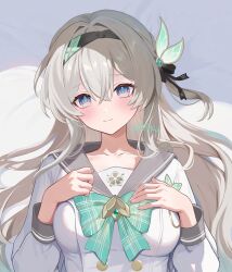 Rule 34 | 1girl, bed sheet, black hairband, blush, bow, bowtie, breasts, buttons, closed mouth, collarbone, comiket 106, double-breasted, firefly (honkai: star rail), firefly (spring missive) (honkai: star rail), gradient eyes, green bow, green bowtie, green pupils, grey hair, grey sailor collar, hairband, hands on own chest, highres, honkai: star rail, honkai (series), long hair, looking at viewer, medium breasts, multicolored eyes, plaid bow, plaid bowtie, plaid clothes, rrr gns (riuriu 1212), sailor collar, shirt, solo, two-tone eyes, upper body, white shirt