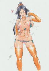 1girl 2023 abs agi_(gi60423540) artist_name bare_shoulders bikini bleach breasts choker collarbone colored_pubic_hair dark-skinned_female dark_skin elbow_gloves female_focus female_pubic_hair gloves hair_ornament hand_on_own_hip highres jewelry large_breasts long_hair looking_at_viewer navel_piercing necklace nipple_piercing nipples piercing ponytail pubic_hair purple_hair purple_pubic_hair shihouin_yoruichi simple_background standing steam sweat swimsuit thighhighs thighs traditional_media yellow_eyes