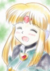 1girl blonde_hair blush closed_eyes dress facial_mark forehead_mark green_dress long_hair mega_man_(series) mega_man_zx official_alternate_costume prairie_(mega_man) robot_ears solo sotomiti_now upper_body