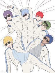 6+boys akashi_seijuurou aomine_daiki arm_support arms_up black-framed_eyewear blonde_hair blue_hair blue_shirt closed_eyes closed_mouth commentary_request crew_neck dark-skinned_male dark_skin glasses green_eyes green_hair grey_shirt hand_on_own_face highres jacket kise_ryouta kuroko_no_basuke kuroko_tetsuya long_sleeves looking_at_another midorima_shintarou multiple_boys murasakibara_atsushi open_clothes open_jacket open_mouth pants parted_lips purple_hair rectangular_eyewear red_hair shinosk_as shirt small_sweatdrop smile sparkle striped_clothes striped_jacket striped_pants sunglasses vertical-striped_clothes vertical-striped_jacket vertical-striped_pants white_background