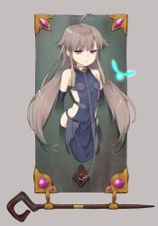 1girl ahoge bare_shoulders blue_dress brown_eyes chain chain_leash collar commentary demons_roots dress earrings english_commentary expressionless flat_chest grey_hair jewelry leash long_hair looking_at_viewer maritan_(pixelmaritan) restrained sarasa_(demonsroots) solo staff straight-on sweatdrop through_wall