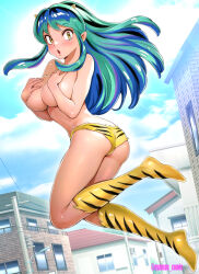 1girl :o animal_print ass bikini bikini_bottom_only blush boots breasts building covering_breasts covering_privates curvy embarrassed flying full_body green_hair highres knee_boots large_breasts looking_at_viewer lum multicolored_hair open_mouth oyaman sky swimsuit tiger_print tiger_striped_clothes tiger_stripes urusei_yatsura yellow_eyes
