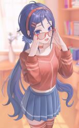 1girl ahoge blue_eyes blue_hair blue_skirt blurry blurry_background chinese_commentary choker crazy_mita_(miside) cropped_sweater fingernails glasses hair_ornament hairband hairclip hands_on_eyewear highres low_twintails miside mita_(miside) nail_polish navel pleated_skirt red-framed_eyewear red_choker red_hairband red_nails red_sweater red_thighhighs ryoutadesu skirt sweater thighhighs twintails